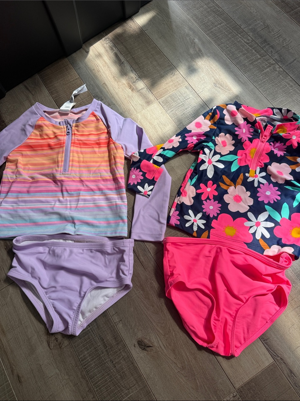 Girls' Purple Stripe & Floral Long-Sleeve Rash Guard Swim Sets